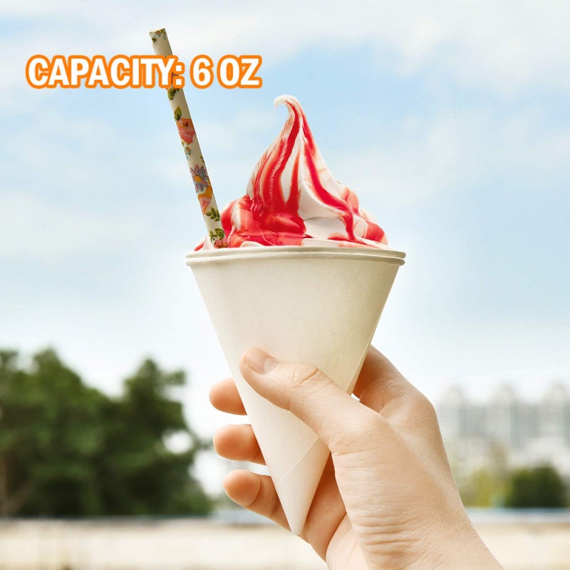 AQUEENLY 100 Snow Cone Cups, Wax Coated Leakproof Cone Paper Cups for Slush, Shaved Ice, Water - 6OZ, White - Image 3